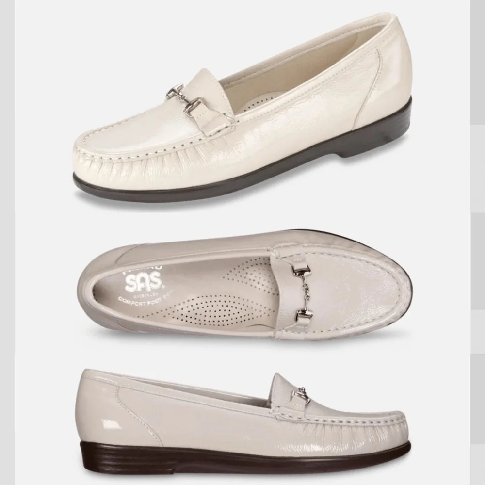New SAS Metro Leather Loafer Bone Patent cream tan moccasins buckle shoes
